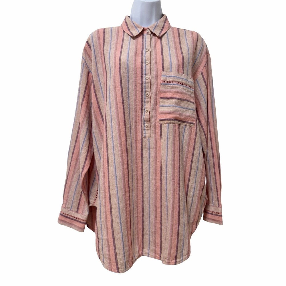 Maeve Anthropologie Lida Stripe Linen Blend Popover Top Size L Pink Boho Coastal